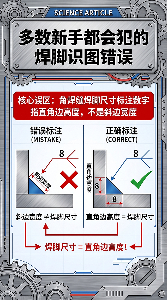 科普图文封面，主题是“多数新手都会犯的焊脚识图错误”，突出“角焊缝焊脚尺寸标注数字指直角边高度，不是斜边宽度”的核心误区，展示错误标注和正确标注的对比示意图，工业风信息图风格，排版清晰，重点内容用红色标注