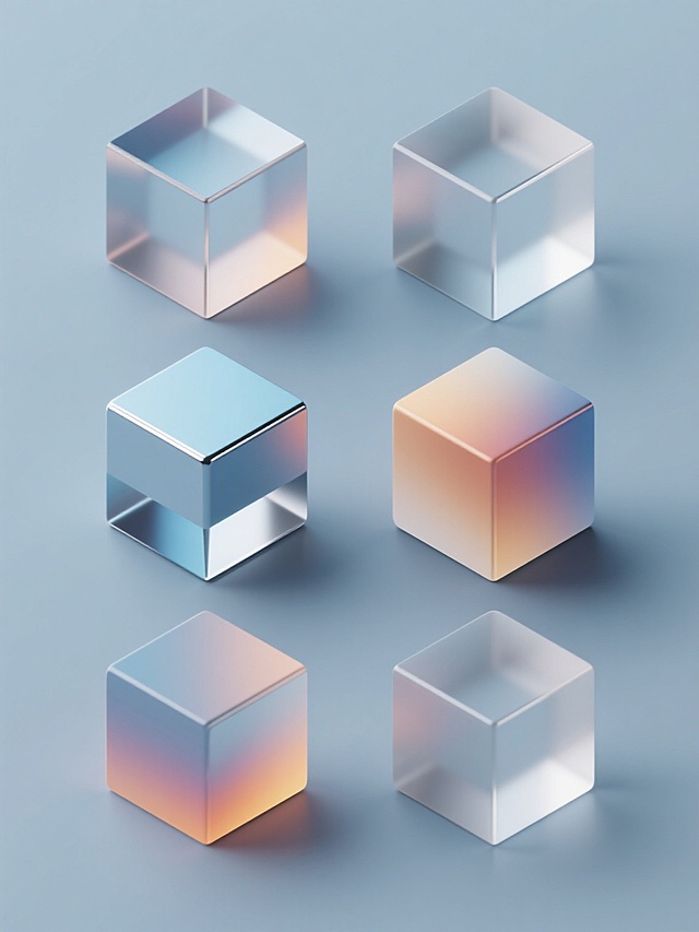 六个同系列的3D渲染方块元素，每个方块拥有完全不同的独特造型和角度，均采用纯色背景，保持原有的光滑金属质感、细腻渐变色彩、柔和高光与清晰阴影的风格，每个方块配备不同的配色方案，整体规整排布形成集合，展现现代科技感与设计美学。
