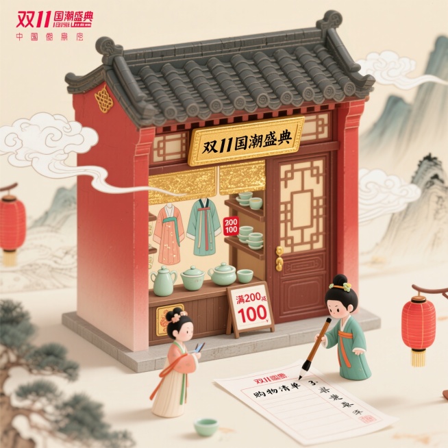 1:80微缩比例的国潮工笔风双11场景，主体是红墙黛瓦的迷你国风商铺，门头悬挂金色牌匾，上面写着“双11国潮盛典”。货架上摆放着迷你汉服、青瓷茶具，价签为红色印章样式，刻有“满200减100”。3cm预览效果