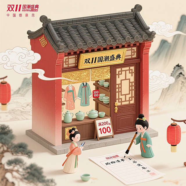 国潮工笔风双11微缩场景