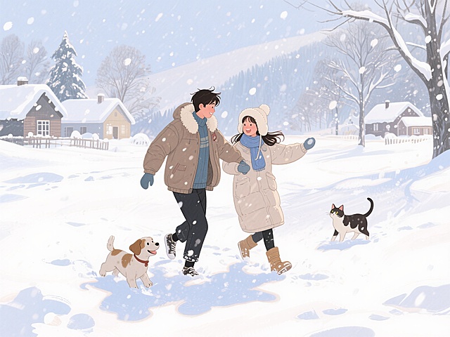 水彩风插画，拟人化人物与萌宠共度雪景，温馨梦幻的冬日童话。