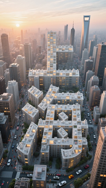 超复杂3D城市建筑群俯瞰图，以建筑群精确排列组成的"上海"二字，每个笔画由数百栋不同高度和风格的摩天大楼构成。建筑物有详细的外立面、窗户反光和屋顶设施。城市脉络中有微型车流和行人活动，日出场景下每个窗预览效果