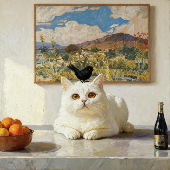 参考图二客厅室内场景，保留原图中小猫咪与小鸟的构图和形象，生成油画风格场景图，场景与参考图二客厅相似度50%，整体为油画质感，4K画质预览效果