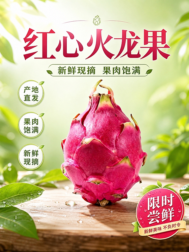 电商海报，红心火龙果电商主图。画面中央为一颗完整的红心火龙果，100%还原上传商品图的产品外形、颜色、鳞片结构、材质质感与正面朝向，火龙果表皮玫红色鲜艳饱满，鳞片边缘带黄绿色，整体新鲜水润。背景为清新的浅绿色到白色渐变，带有柔和的自然光效，底部有浅色木质台面承托，周围点缀少量新鲜绿叶与水珠，营造生鲜自然、水润饱满的食欲氛围。画面上方主标题大字为"红心火龙果"，副标题为"新鲜现摘 果肉饱满"，画面中部分布三个圆形卖点标签，分别写有"产地直发"、"果肉饱满"、"新鲜现摘"，右下角有"限时尝鲜"促销标签。版式精美，层级分明，文字不遮挡火龙果主体，四周留有安全边距。写实商业摄影风格，高清质感，柔和侧前方柔光，阴影自然。画面中所有信息区域必须填充完整合理的内容，不得出现空白框或占位区域。