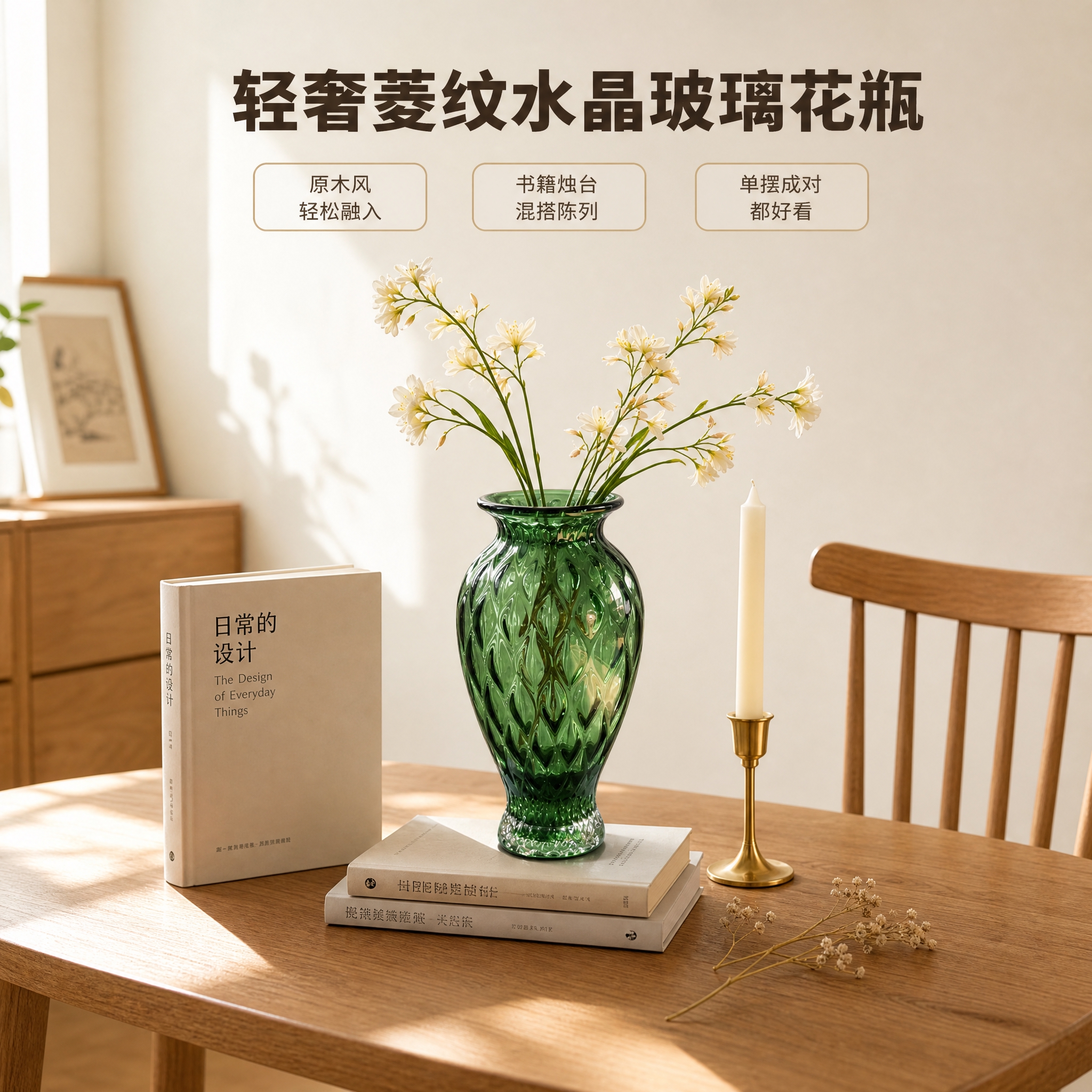 [主图-3] 商品名称：轻奢菱纹水晶玻璃花瓶。唯一任务：风格搭… - 图片创意预览