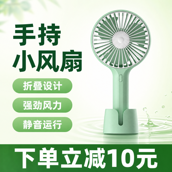 [单张主图] 手持折叠小风扇，爆款促销感主图，一眼传达产品卖点和优惠信息。
[画面主体] 浅绿色手持折叠小风扇居中摆放，商品主体占比约60%；保持产品外观（物理结构、材质质感、颜色）与输入产品图绝对一预览效果