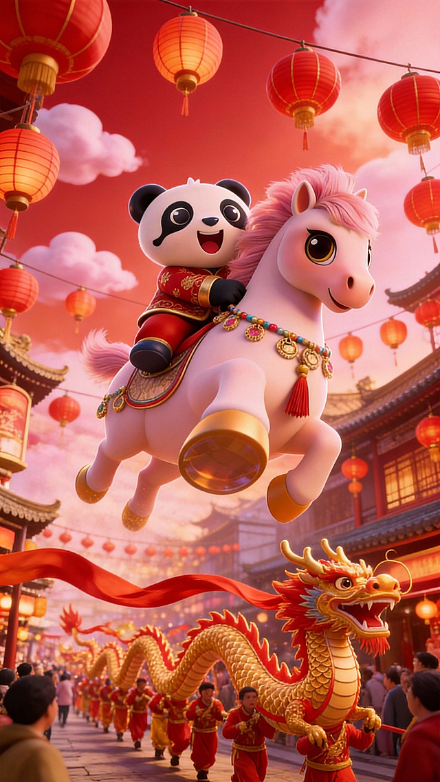 5张连贯分镜图，适配15秒马年新年短片，皮克斯风3D动画整体为喜庆红金粉暖色调:第一张是穿着红色汉服和裤子的熊猫抱着粉色萌马，背景有祥云和古建筑轮廓；
第二张是熊猫骑上马，马蹄大透视特写，准备飞翔的动势，踩着祥云腾空起飞，身后鎏金烟花炸开；
第三张是熊猫与萌马低空飞过挂满红灯笼的古街市，下方是金红龙身、红绸翻飞的热闹舞龙队伍，人情欢腾充满烟火气；
第四张是大透视特写马后踢和熊猫的镜头，熊猫与萌马飞在古运河上空，石拱桥横跨水面，河上漂浮暖黄祈福河灯，水波荡漾古意盎然；
第五张是将小马和熊猫放置在画面中央，采用俯视鱼眼镜头和强烈的仰视透视感，广角拍摄。小马和熊猫可爱萌趣，头很大，背景是微缩广州的景观模型地标景点，包括广州塔，五羊建筑，融创过山车、珠江夜景、现代城市风貌，夜晚，漫天的烟花和祥云和灯笼，动态模糊的红色纸张装饰。