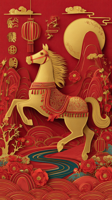 中国风2026马年新年主题海报，采用传统剪纸与浮雕工艺结合的风格，以喜庆的大红色和奢华的金色为主色调。画面主体是一匹装饰着红金花纹马鞍的金色骏马，姿态昂扬有力。背景是层叠的红色山峦、蜿蜒的河流、一轮满预览效果