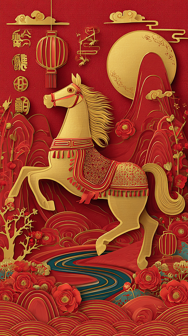 中国风2026马年新年主题海报，采用传统剪纸与浮雕工艺结合的风格，以喜庆的大红色和奢华的金色为主色调。画面主体是一匹装饰着红金花纹马鞍的金色骏马，姿态昂扬有力。背景是层叠的红色山峦、蜿蜒的河流、一轮满月和金色祥云，点缀着传统红灯笼与镂空花纹挂饰。底部有红色波浪纹和金红相间的牡丹、梅花等花卉。在画面上方醒目的位置，添加艺术化的“2026”字样，融合剪纸风格，与整体视觉统一。整体氛围华丽喜庆，富有立体感和传统节日韵味，细节丰富，质感细腻。