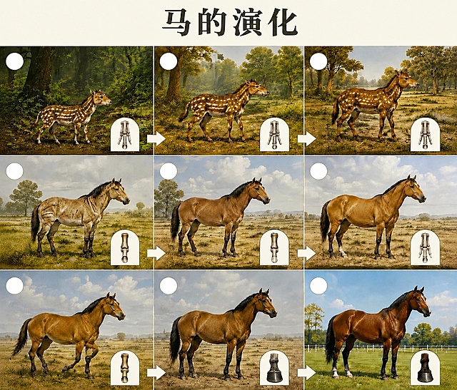 移除每个圆圈内的数字，保留圆圈本身，保留其他所有元素：标题马的演化、米白底色、9个马进化图像、脚趾骨骼对比、箭头不做修改，尺寸保持2700*2300不变，风格自然写实