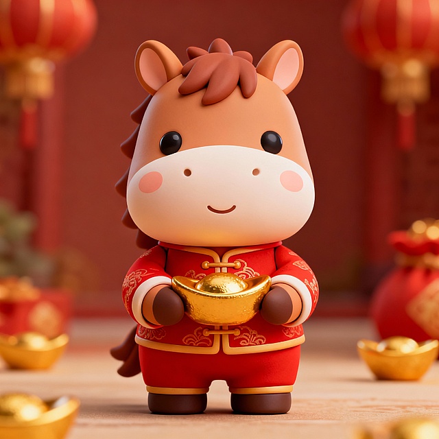 软3D风格的卡通小马，拟人化设计，身穿红色唐装手持金元宝，喜庆感十足，搭配红灯笼与鎏金元素，营造浓郁春节氛围。