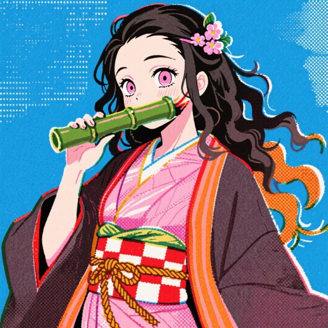 《鬼滅之刃》角色灶门祢豆子，亚洲少女，淡妆，乌黑长发（微卷），柔顺垂落，头顶别着粉色小花饰，身着標誌性的粉色和服，搭配深色羽织外套（边缘有橙红条纹 ），腰间系红白格纹、配黄棕绳带的腰，面容微醺，微微低预览效果