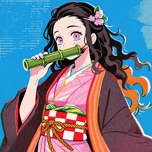 动漫风少女身着和服，手持竹笛，粉色眼眸透出甜美可爱感，融合浮世绘与印刷风设计，背景蓝调点缀点阵元素，洋溢日式传统节日氛围。