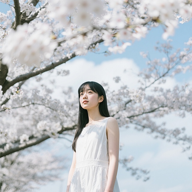 一位穿着白色连衣裙的长发女孩，站在开满樱花的树下，背景是蓝天和白云，日系小清新风格
