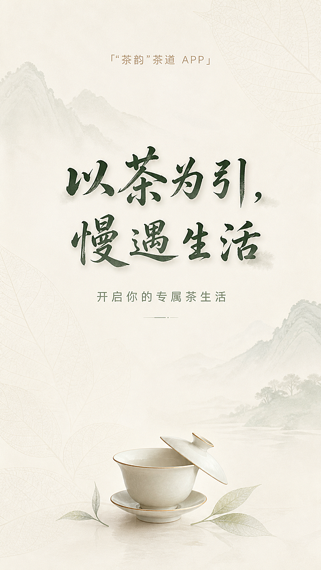 竖版9:16启动欢迎页封面，主色调米白+浅墨绿+淡棕，背景是低透明度淡墨山水搭配茶叶叶脉纹理，保留大量留白。页面顶部居中浅棕小字："茶韵"茶道 APP，字体是无衬线细体，字号14-16。页面垂直居中偏上，深墨绿主标题："以茶为引，慢遇生活"，书法体，字号48-56，添加轻微毛笔晕染阴影增强国风质感。主标题下方居中浅墨绿副标题："开启你的专属茶生活"，无衬线常规体，字号24-28。页面底部居中放置一盏半开白瓷盖碗，周围点缀2-3片淡色茶叶剪影，不抢文字风头。整体国风美学，质感高级。
