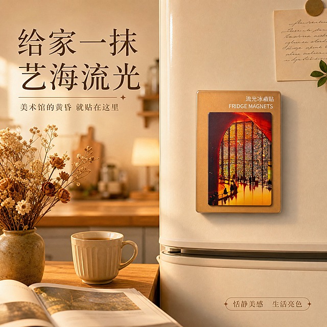 [主图-5] 家居场景种草图：艺海流光冰箱贴融入居家生活，营造恬静美感与家居亮色氛围。
[统一基调] 小红书暮色光影美学风格，背景主色暖米白/奶油灰，标题字色深墨棕，辅助字色暖灰棕，强调色流光金橙，主标题使用现代衬线宋体风格，说明文字使用同一字体家族细体，整体温馨治愈、生活气息浓。
[画面] 竖向亚克力冰箱贴磁吸在白色冰箱门侧面，旁边是开放式厨房的一角：木质台面上放一杯热茶、一束干花与一本摊开的画册，傍晚暖色灯光洒下，冰箱贴上的金色流光粒子在灯光下微微闪烁，成为厨房里的一抹亮色；产品占画面35%，家居环境占画面55%，正面平视微俯视角，场景自然真实。
[光影质感] 傍晚暖黄灯光，亚克力表面反射柔和金色光点，内嵌流沙随角度泛出细碎光泽，产品与冰箱贴合平整，木质台面与茶具阴影自然。
[配色] 背景暖米白/原木暖调，产品保留原有深红/橙黄/金黄画面，标题深墨棕，辅助色暖灰棕，强调色流光金橙。
[文字版式] 画面左侧留白区主标题大字“给家一抹 艺海流光”，下方副标题小字“美术馆的黄昏 就贴在这里”，右下角小标签“恬静美感 生活亮色”，文字横排、清晰、位于负空间、不遮挡产品。
[输出要求] 1:1比例，产品外观与输入图完全一致，保留产品所有文字图案，文字清晰无错字，画面干净高级，无水印无平台Logo，负向：产品变形、画面错乱、悬浮、错字、水印、杂乱。