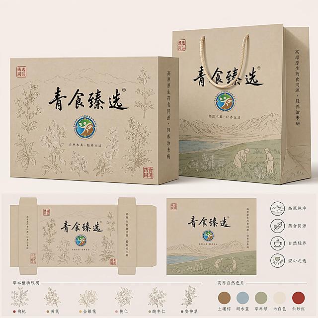 方形天地盖养生茶礼盒包装+配套手提纸袋，新中式青海高原药食同源风格，主体浅灰褐色高原土壤底色，盒身大面积淡印全套六种草本植物白描线稿暗纹；正面居中放置书法主标题「青食臻选」，下方搭配小型2200青藏高原康养中心圆形LOGO；侧边竖向细宋体标注“高原原生药食同源·轻养治未病”；角落点缀朱砂红篆刻印章；手提纸袋侧边印简约高原山水线条、草原绿地人形简笔画；色彩采用高原自然色系：土棕、湖水浅蓝、草原灰绿、米白、少量朱砂红点缀；整体克制素雅，无夸张色彩，靠草本植物线稿直观体现安睡食疗原料，规避功效宣传，国风治愈轻养生，礼盒为哑光牛皮纸印刷质感，平面二维设计，高清矢量，适合食品茶礼盒商用印刷。参考素材：已经提供了「青食臻选」书法字、2200青藏高原康养中心圆形LOGO以及参考包装设计风格，使用这些元素进行设计。