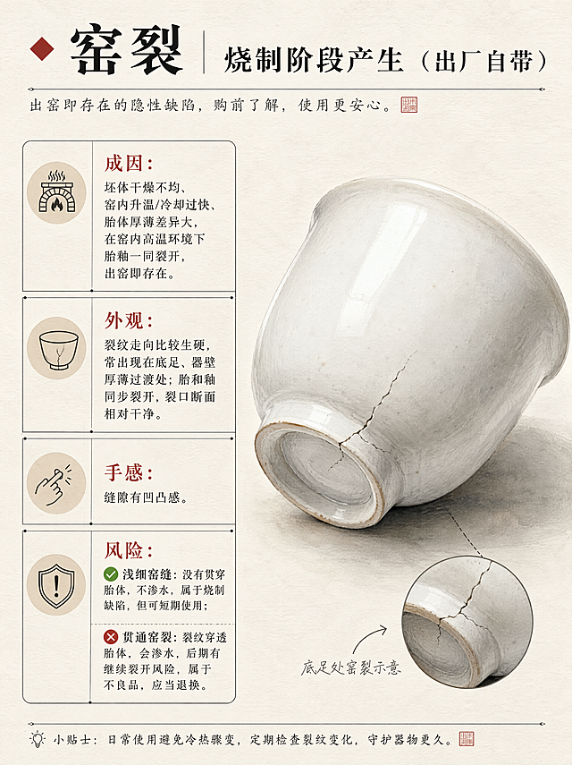 小红书陶瓷科普内页图，窑裂知识详解，杂志海报风，版式精美，小红书笔记内页质感。主标题：「🔹窑裂｜烧制阶段产生（出厂自带）」。正文内容分四块排版：成因：坯体干燥不均、窑内升温/冷却过快、胎体厚薄差异大，在窑内高温环境下胎釉一同裂开，出窑即存在。外观：裂纹走向比较生硬，常出现在底足、器壁厚薄过渡处；胎和釉同步裂开，裂口断面相对干净。手感：缝隙有凹凸感。风险：✅浅细窑缝：没有贯穿胎体，不渗水，属于烧制缺陷，但可短期使用；❌贯通窑裂：裂纹穿透胎体，会渗水，后期有继续裂开风险，属于不良品，应当退换。配图：画面右侧放一只原创白釉小茶杯（杯类器型）的手绘插画，杯底足处有明显窑裂裂纹示意，作为窑裂实物示意；左侧为文字区域，文字分栏排版，用细线和色块区分四个模块。禁止使用用户上传的原照片，全部为重新绘制的陶瓷器物插画。背景：米白色宣纸肌理底，深墨色正文标题，赭红色小标题高亮。装饰：细黑线分栏，小图标点缀，整体干净专业。画质：高清细腻，文字清晰可读，信息层级分明。画面比例 3:4，4K。