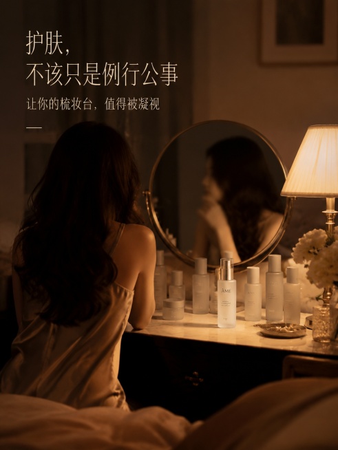 [第3屏] 场景情绪种草 - ÂME艺术蝶翼精华乳场景氛围图。
[氛围/风格] 故事感高级写实摄影，暖棕氛围感，整体情绪表达为对精致生活的渴望，8K高清画质。
[元素布局] 中景构图，画面主体为一位都预览效果