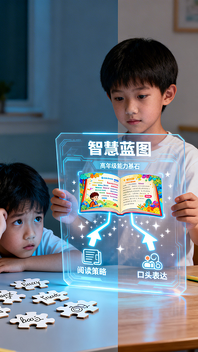 对比构图，左右分屏。左边：一个孩子困惑地看着桌上几片孤立的拼图，拼图上画着单词、语法符号。色调偏冷。右边：同一个孩子手持一张发光、半透明的“智慧蓝图”，蓝图中央是一幅丰富的彩色课文插画，单词如星辰点缀其中。从插图延伸出两条发光的箭头，分别指向“阅读策略”和“口头表达”的图标。蓝图顶部有“高年级能力基石”字样。画面充满未来感和科技感