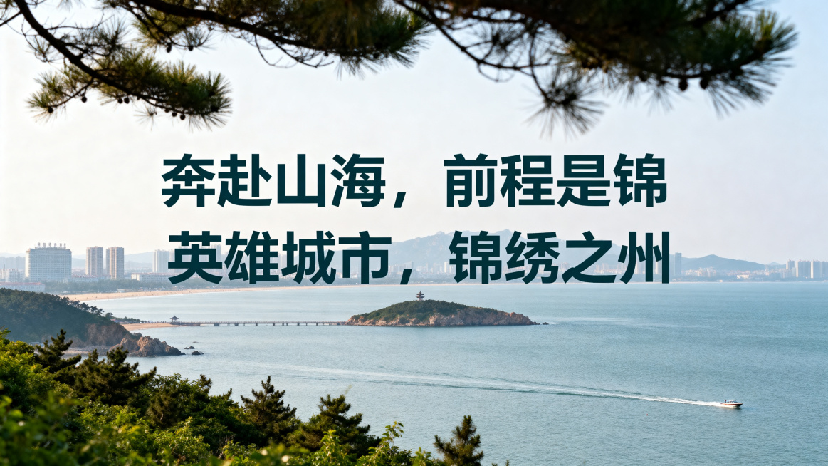 PPT首页设计，锦州笔架山海滨远景作为背景，大气简约风格，画面中央放置醒目的大字，上方是"奔赴山海，前程是锦"，下方是"英雄城市，锦绣之州"，整体色调清新自然，融合山海风光与城市文化，适合PPT使用预览效果