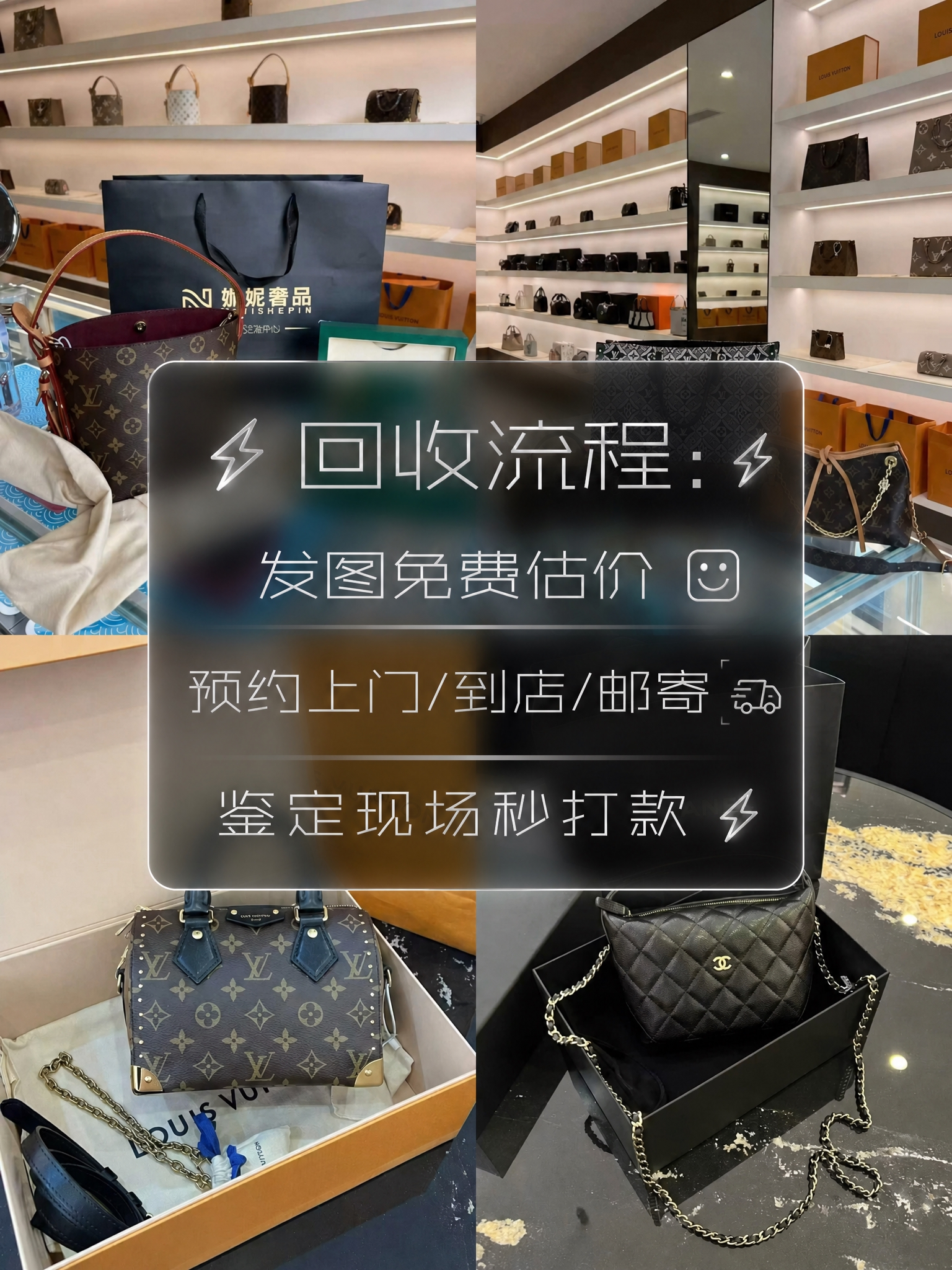 以这张二奢包包店铺图为底图，在图片正中间添加居中显眼的文字：“… - 图片创意预览