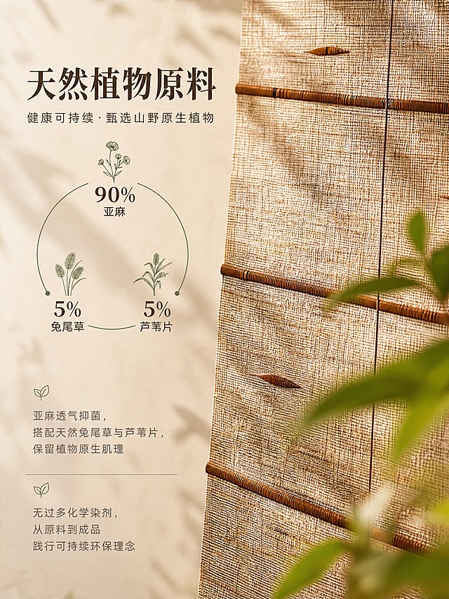 [商品] 使用【图3】亚麻卷帘局部特写；商品处理：保留横向竹节骨架、亚麻织物肌理、芦苇片与兔尾草天然点状纹理、米棕色调、编织纹理细节；增强面料肌理层次感，突出天然植物纤维的粗糙质感，不改变材质颜色和结构。
[画面] 目标：天然植物原料卖点页，强调90%亚麻+5%兔尾草+5%芦苇片的环保配比。构图：左文右图，右侧为卷帘面料微距特写占画面约55%，左侧留白放文案与成分图示；前景虚化绿叶点缀，中景清晰面料肌理，后景柔和天光。阅读动线：左上主标题→成分配比图示→下方详细说明。
[视觉] 套系策略：风格=东方禅意自然系商业摄影，暖调治愈氛围感；标题字=宋体衬线粗体，雅致东方感；正文字=简洁无衬线体，纤细柔和；主色=亚麻米棕+原木暖棕；背景延展=基于米棕暖调做深浅层级、同色渐变、天然织物/微水泥墙面质感；强调色=苔藓绿，仅用于小面积图标、引线和植物点缀；标题色=深炭褐；正文色=暖灰褐；组件=细线圆角信息卡、自然植物图标、手写感引线；光影=右侧暖金色逆光，透过帘面形成柔和斑驳光影，左前侧补光保证帘面纹理清晰。
[文字] 左上主标题"天然植物原料"，副标题"健康可持续·甄选山野原生植物"；中部圆形成分图示：90%亚麻、5%兔尾草、5%芦苇片，配三种植物小图标；下方两段说明文字："亚麻透气抑菌，搭配天然兔尾草与芦苇片，保留植物原生肌理"、"无过多化学染剂，从原料到成品践行可持续环保理念"。文字全部横向排版。
[规格] 图片比例3:4竖版，4K，避免变形、错字、文字过小、冷蓝/冷灰背景、面料颜色改变、纹理失真、出现平台Logo或水印。