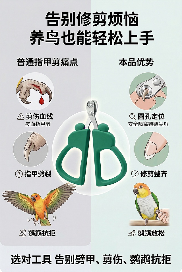 清新自然宠物护理风，严格还原上传产品图中鹦鹉指甲剪的造型、优势所有细节，产品比例协调。左右对比布局，左侧为 “普通指甲剪痛点”：剪伤血线、指甲劈裂、鹦鹉抗拒；右侧为 “本品优势”：圆孔定位、修剪整齐、鹦鹉放松，中间放置指甲剪，背景为浅灰、浅白渐变，对比鲜明有冲击力。文字内容：主标题「告别修剪烦恼 养鸟也能轻松上手」，副标题「选对工具 告别劈甲、剪伤、鹦鹉抗拒」，文字采用粗体无衬线字体，颜色为纯黑色，主标题居上居中，副标题居下居中，排版对比清晰，整体风格直观可信，高清质感。禁止修改产品造型、颜色；禁止对比场景失真；禁止产品与场景比例失调；禁止添加无关元素；禁止风格割裂。