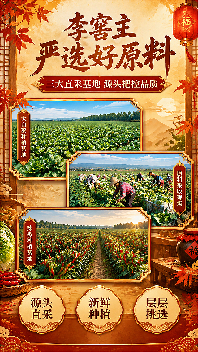 卡通写实风格电商竖版商品营销海报，9:16比例，高清8K质感，画面精美排版。参考上传参考图的暖色调色系：以暖黄色、暖棕色、红色为主色调，营造温馨传统的中秋国庆家宴氛围，暖光打光，整体色调温暖浓郁。画面中心思想：李窖主泡菜对产品原材料进行严格挑选。画面中上部为大标题区，主标题文字为"李窖主 严选好原料"，副标题文字为"三大直采基地 源头把控品质"，字体采用传统书法风格，红棕色大字，醒目有力。画面中部至下部以三个带传统中式描边的精致相框形式，错落排列三张直采地照片：第一张是大白菜种植基地田野风光，第二张是农民在田间采收劳作，第三张是辣椒种植基地田间景象，三张照片分别用带有传统纹样边框的相框装裱，相框带有金色描边和轻微立体感，错落分布形成三角布局。画面四周点缀红色枫叶、传统纹样、灯笼等中式装饰元素，背景为暖黄色渐变，带有传统窗棂纹理，营造温馨传统氛围。画面底部有三个圆形卖点标签，文字分别为"源头直采"、"新鲜种植"、"层层挑选"，标签为米黄色底配红棕色文字，传统徽章样式。整体色调与参考图一致：暖黄底色、红棕色文字、金色点缀，温暖浓郁的家宴感，卡通写实结合，细节丰富，光影柔和，商业海报质感，版式精美，所有文字清晰可读。画面中所有信息区域必须填充完整合理的内容，不得出现空白框、空白占位、横线待填写区域、空列表项、空单元格。