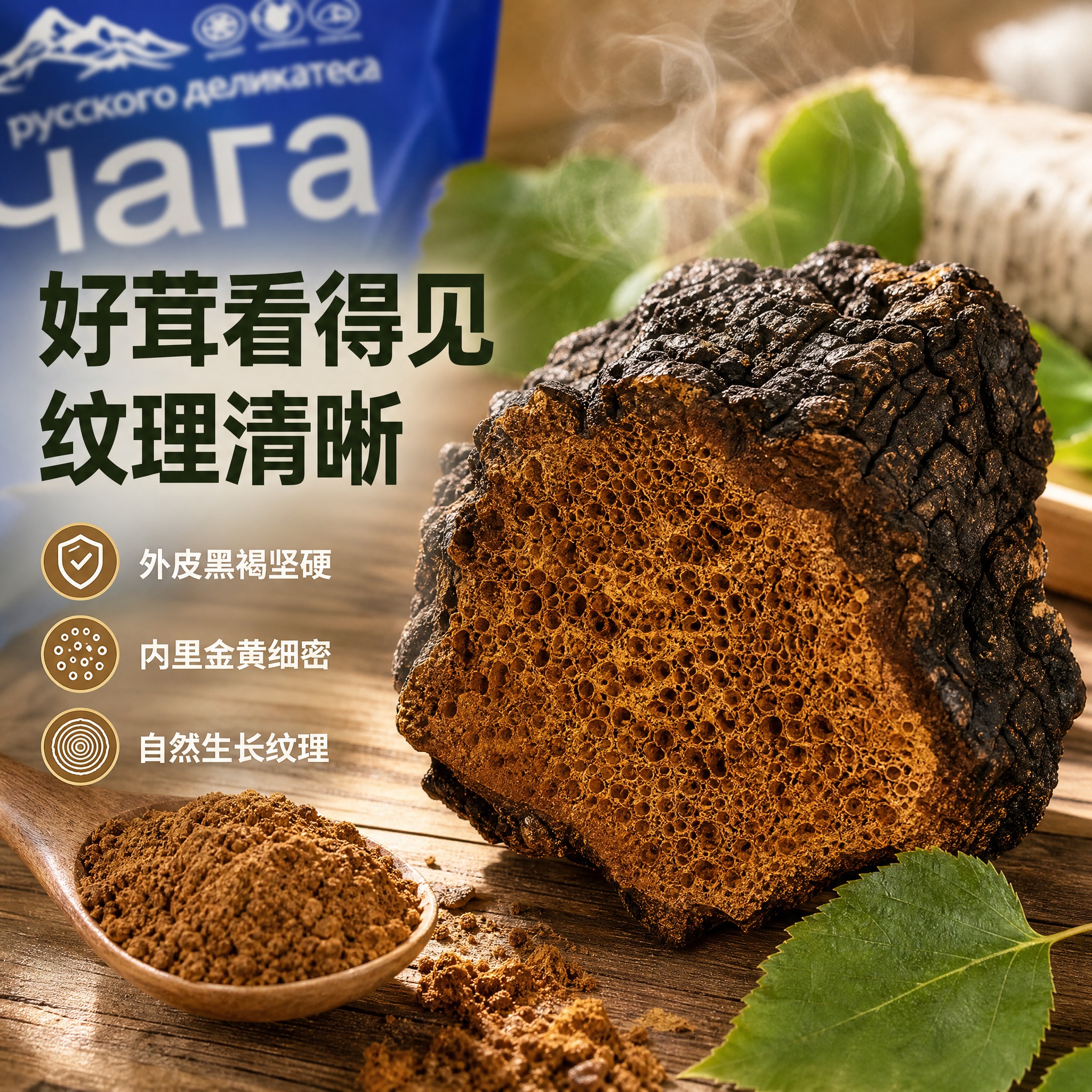 [主图-3] 俄芝桦俄罗斯进口桦树茸 产品细节微距展示 成分质… - 图片创意预览