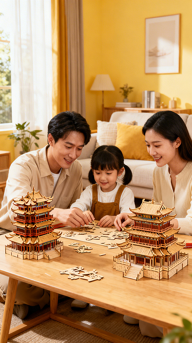 温馨可爱的家居客厅场景，一家三口爸爸妈妈和小孩一起在桌面上拼中国古建木质立体拼图，桌上摆放着已经拼好的滕王阁、鹳雀楼、晴川阁古建筑拼图模型，画面温暖治愈，家居风格，柔和自然光，温馨氛围感