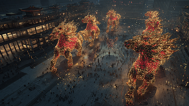 2026 Year of the Horse Spring Festival, Bund International Architecture Complex, giant changes formation with jumping steps, drone aerial shot, giant traditional → digital light array totem, cinematic texture, ultra-realistic rendering, high dynamic range, slight film grain, red and gold main tone with urban cool blue contrast, particle energy effects, Cinematic, epic scale, hyper realistic, Cyber Oriental Aesthetic
