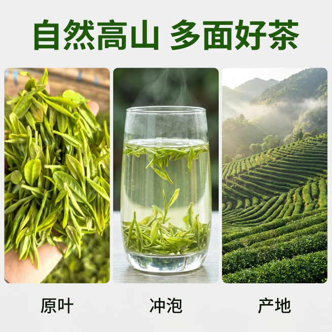 [主图-4] 黄山毛峰多场景拼贴展示图。
[氛围风格] 信息丰富自然清新，组合展示风格统一；
[画质] 商业摄影质感，每张子图清晰真实，整体光影统一协调。
[元素] 采用上标题下宫格布局，顶部留出标题预览效果