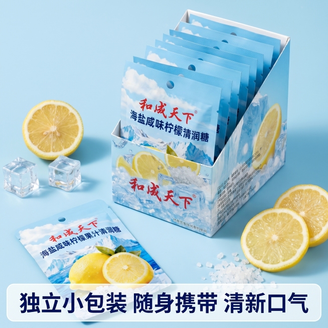 [主图 5] 整盒展示，呈现正装规格促进转化下单。[氛围风格] 陈列展示，规整真实[画质] 商业摄影质感、光线柔和通透、产品清晰真实、画面干净高级。[元素] 展示整盒海盐柠檬糖，整盒包含多袋独立包装，预览效果