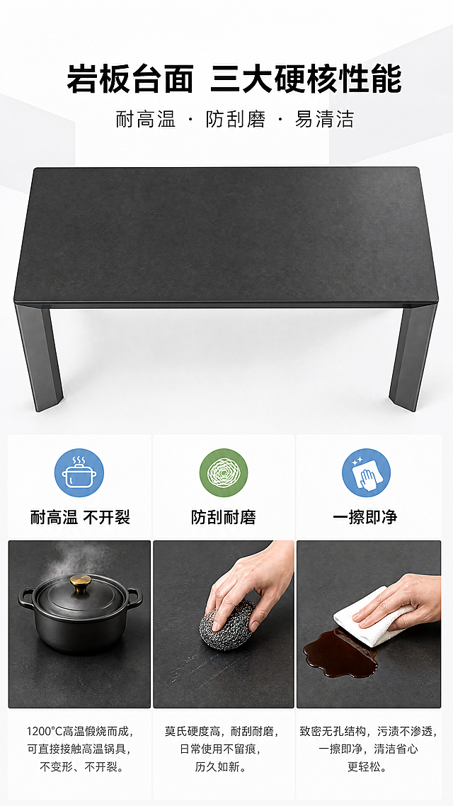 [第6张] 功能细节页-DT-8842岩板餐桌台面防刮耐高温易清洁功能演示。本张使用【图1】作为商品主体，重点展示台面功能。
[氛围/风格] 功能演示风，明亮清晰，专业可信，产品细节质感强。
[元素布局] 画面分三栏功能演示：左栏台面放置热锅冒热气展示耐高温，中栏用钢丝球擦拭展示防刮，右栏抹布一擦去除酱油污渍展示易清洁；顶部为餐桌台面俯视特写，占比约30%，展示完整台面质感；背景为纯白色渐变+浅灰几何块；台面颜色、纹理与输入图一致。
[光影质感] 顶部均匀柔光，台面高光清晰，功能演示区光线充足，细节分明，整体明亮干净。
[配色色系] 全局底色 #FFFFFF 纯白亮调；主色深灰岩板；辅助色白色、浅蓝、绿色功能图标色。
[视角构图] 顶部俯视台面特写 + 下方三栏功能演示，上下分区，阅读动线从上至下，三栏横向阅读。
[文字版式] 版式为顶部标题 + 台面俯视特写 + 底部三栏功能演示。主标题「岩板台面 三大硬核性能」，副标题「耐高温 · 防刮磨 · 易清洁」；三栏分别配大图标与文字：左栏「耐高温 不开裂」配热锅图标，中栏「防刮耐磨」配钢丝球图标，右栏「一擦即净」配抹布图标；每栏下方有简短功能说明文字；文字清晰，层级分明。
[比例分辨率] 9:16 竖版比例，4K分辨率，文字清晰可辨，高清画质。
[负向提示词] 台面变形，颜色偏差，水印，文字错乱，演示元素失真，产品模糊。