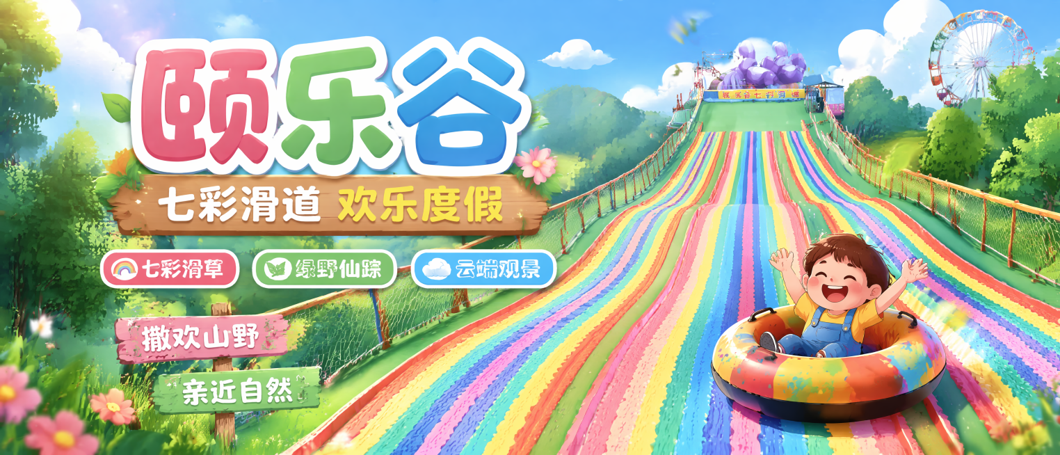 颐乐谷景区宣传海报，整体动漫风格，以七彩滑道为底图，着重突出七彩滑道，包含文字：主标题"颐乐谷"，副标题"七彩滑道 欢乐度假"，卖点标签"七彩滑草"、"绿野仙踪"、"云端观景"，装饰文案"撒欢山野"、预览效果