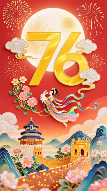 粗宋体黄色数字 “76“，字周围有云彩，背景是烟火、圆月，下方是天坛、山水、长城、花卉等元素，红色背景，日漫风格，嫦娥怀抱玉兔奔向一轮圆月，衣摆飘逸。周围环绕着祥云和盛开的花朵，底部呈现出全景的山峦叠预览效果
