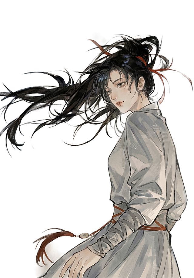 参考图中古风人物造型，将人物改为女性，保留原有水墨古风绘画风格、高束的黑色长发、浅灰古风服饰、飘带元素，生成女生古风立绘