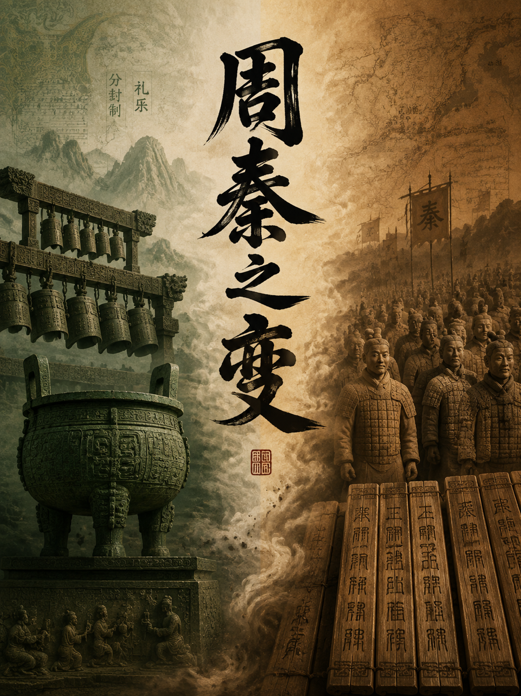 以“周秦之变”为主题的历史书籍封面图，画面左侧为周代青铜鼎与礼… - 图片创意预览