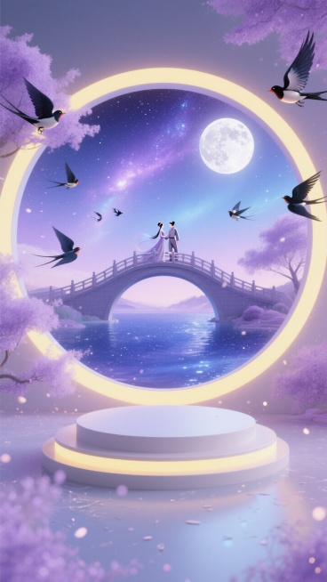 星空紫渐变银河蓝。乳白月轮，远处有鹊桥，桥上站着牛郎织女。喜鹊飞舞，前面有一个白色展台，淡黄光带。 淡紫粒子光尘。桥底流动深蓝星河预览效果