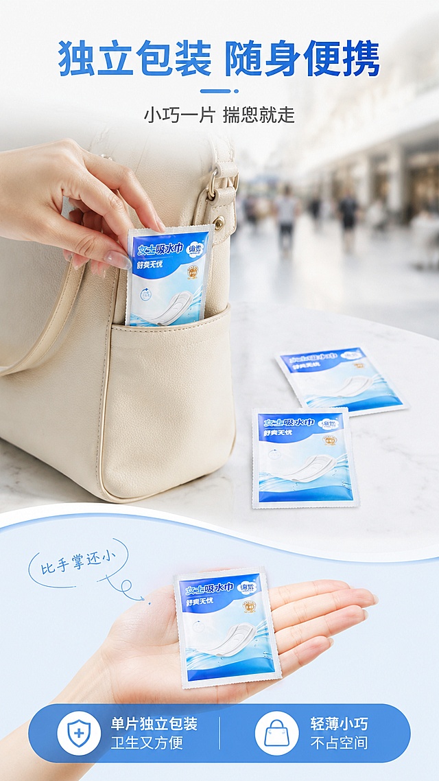 [第7屏] 详情页便携展示-独立小包装随身携带便利性展示。本屏使用【图1】产品的独立小包装形态展示。
[氛围/风格] 生活化便携场景，轻松便捷感，清新自然，商业摄影质感。
[元素布局] 画面展示一只女性的手从包包口袋里拿出一片独立小包装的吸水巾，包包是时尚女包的侧袋特写；旁边散落2-3片独立包装的产品，展示小巧尺寸；背景是模糊的街景或商场环境；下方有手掌对比展示产品大小，体现「比手掌还小」的便携性；独立包装外观延续输入产品图的蓝白设计风格。
[光影质感] 自然光效，柔和明亮，突出产品小巧精致的质感。
[配色色系] 全局底色 #F5F9FF 淡蓝灰；主色 #4A90D9 蓝色；辅助色白色、米色包包。
[视角构图] 中景特写构图，手部和产品为主体，阅读动线顶部产品展示 → 中部手拿取动作 → 底部尺寸对比。
[文字版式] 顶部大标题「独立包装 随身便携」，副标题「小巧一片 揣兜就走」；底部信息条「单片独立包装 卫生又方便」「轻薄小巧 不占空间」；文字清晰，突出便携卖点。
[比例分辨率] 9:16 竖版比例，4K分辨率，文字清晰可辨，高清画质。
[负向提示词] 产品变形，包装过大，文字错乱，水印，背景杂乱，手部不自然。