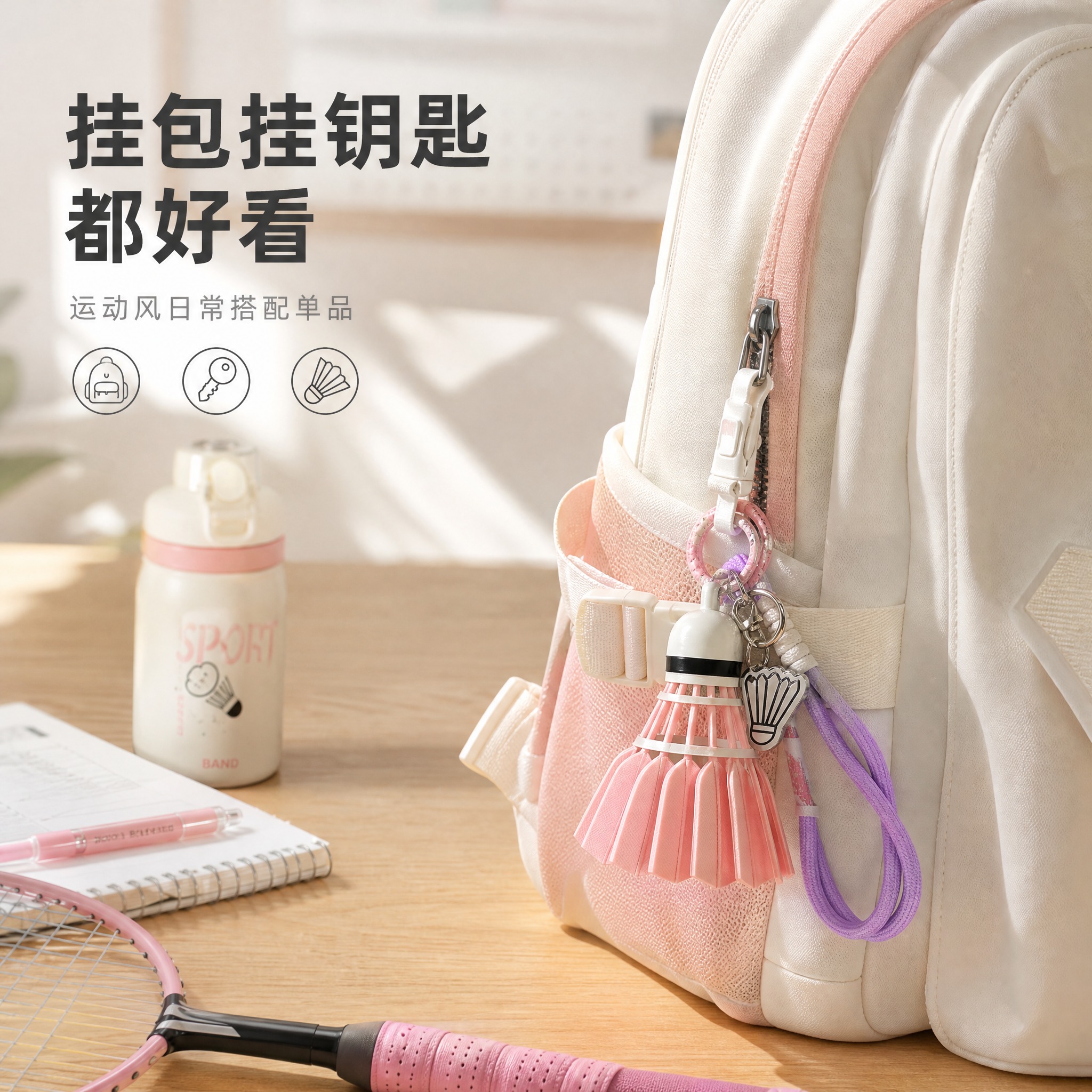 [主图-3] 粉色羽毛球造型钥匙扣挂件 风格搭配使用场景图。… - 图片创意预览