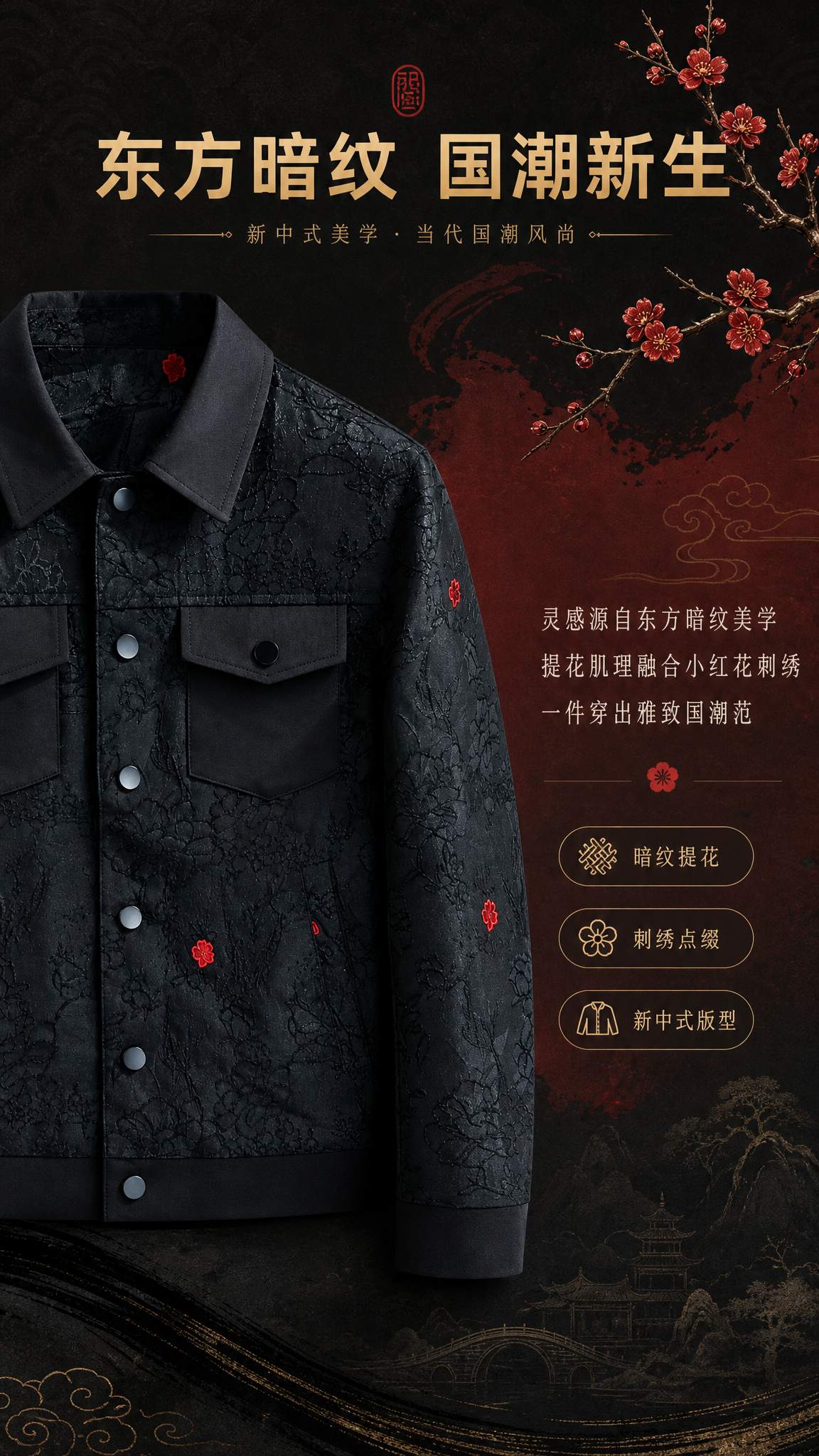 [第2张] 详情页设计理念-新中式暗纹提花小红花刺绣翻领夹克国… - 图片创意预览