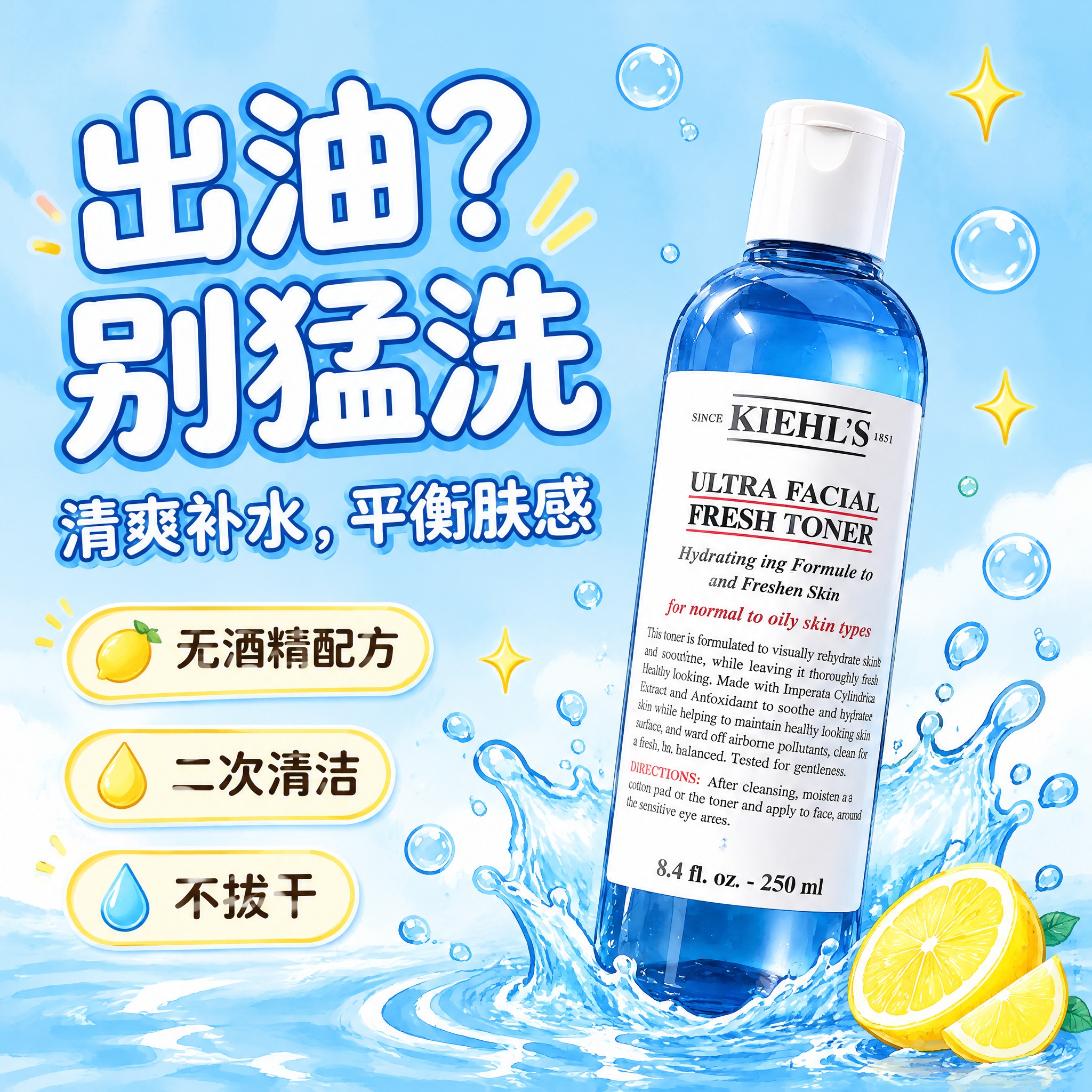 参考第二张图的排版布局，将第一张图中的科颜氏蓝色爽肤水产品放在… - 图片创意预览