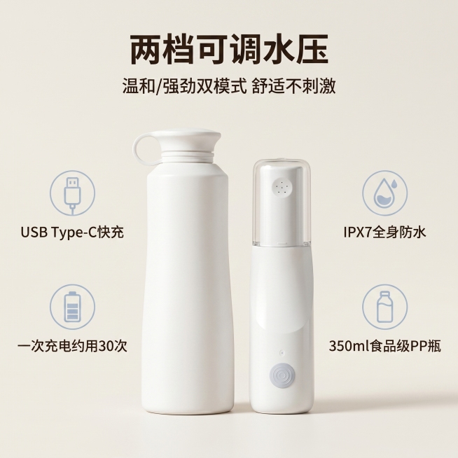 [主图 2] 电动便携妇洗器核心卖点展示图
[氛围风格] 简约清晰功能展示风，干净可信
[画质] 商业摄影质感、光线柔和通透、产品清晰真实、画面干净高级
[元素] 原图片中的电动便携妇洗器居中放置，保预览效果
