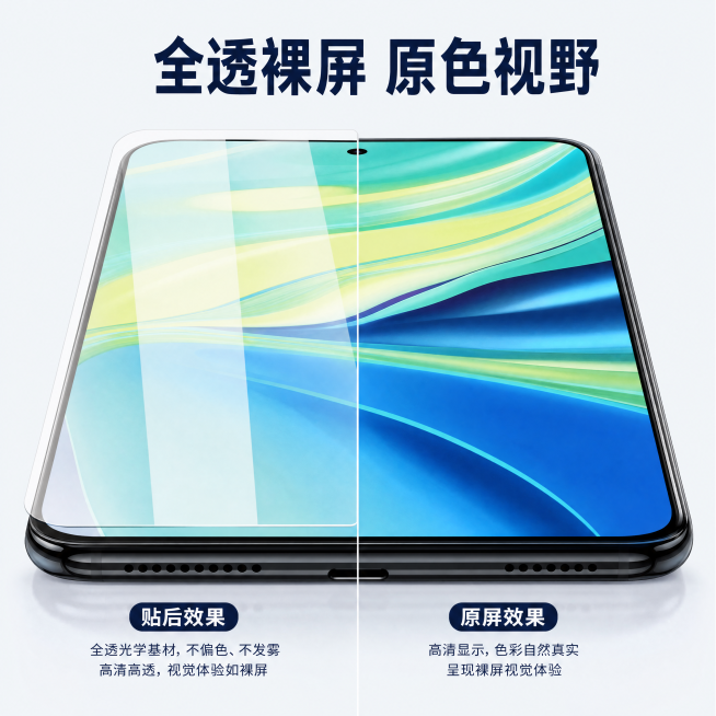[主图-4] X9HUV全胶晶钻高清膜全透裸屏视野卖点展示
[氛围风格] 通透真实高级质感
[画质] C4D产品渲染风格，Octane物理级超写实渲染，商业摄影质感，色彩还原真实通透
[元素] 左半部预览效果