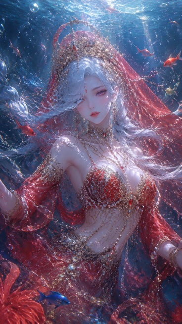 以参考图中人物为主，保留人物发型，保留发色，保留脸部特征，创作水下CG插画，画面中心是人物正门特写，整体为通透的深海柔光氛围感：绝美古风异域少女，冷白皮精致五官，眉心花钿，头顶鎏金重工花冠，垂落珍珠银预览效果