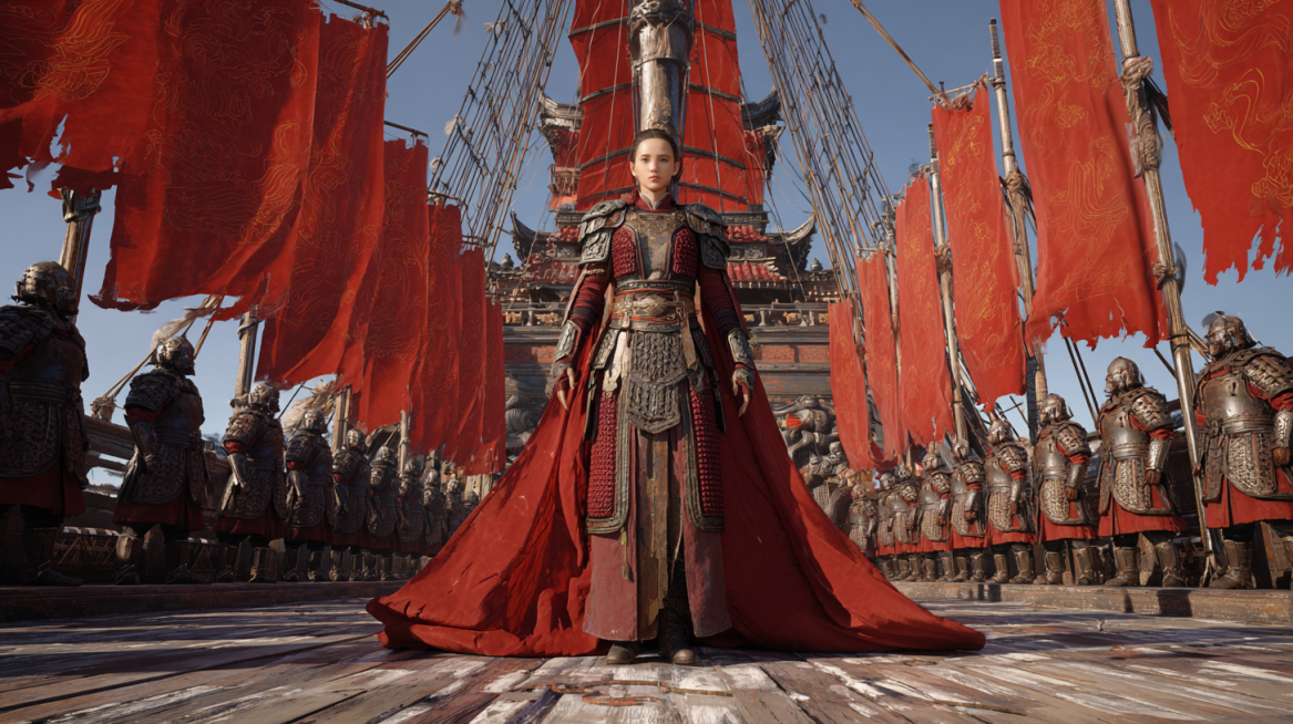 电影感全身特写。一位英勇的女将军站在大明宝船主甲板中心。 角色比例占画面高度 85% ，脚部靠近底边，头部靠近顶边。 低角度仰拍 ，正对镜头，眼神霸气。 身后左右两侧是整齐对称的明代盔甲精英士兵预览效果