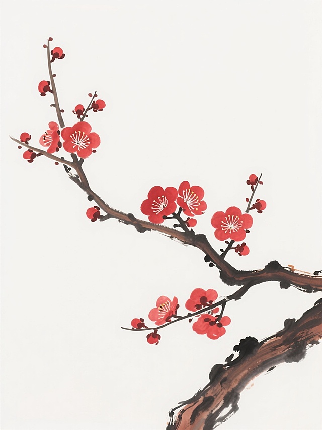 中国传统水墨画风格，一枝红梅，枝干苍劲有力，呈深棕色，线条流畅，有自然的分叉和转折，枝头点缀着盛开的红色梅花，花朵形态饱满，花瓣层次分明，花蕊清晰，背景为纯白色，干净简洁，无其他元素，整体构图疏朗有致，意境清雅，具有浓厚的东方韵味和传统美学特征。