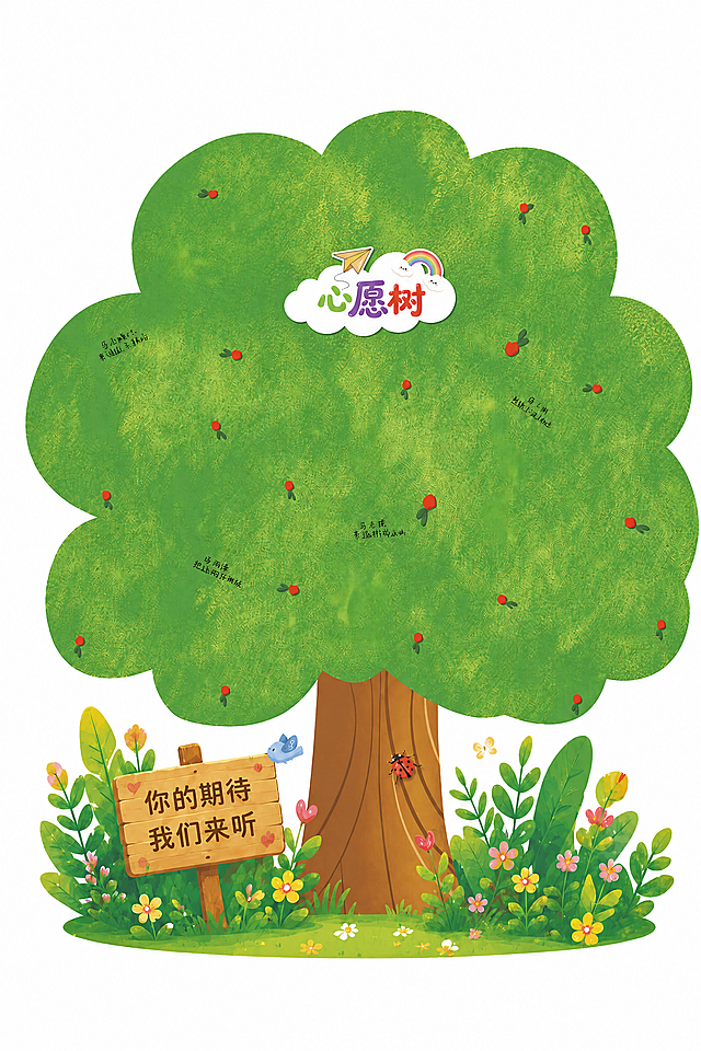 将心愿树中间白色云朵牌子的左侧部分再缩小一些，让云朵牌子整体更紧凑，图片尺寸为60cm×90cm，印刷级高清清晰度，保持大树冠、木牌花草、文字内容和卡通风格不变